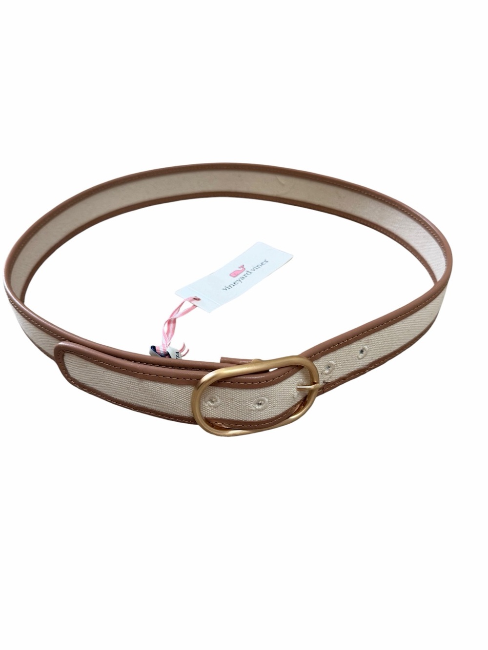 Vineyard Vines Cream Canvas Belt with Brown Trim and Gold Buckle